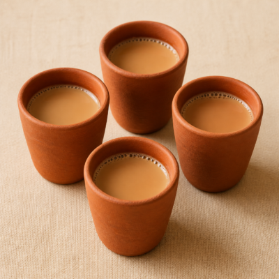 Terracotta Kulhad Tea Cup Set – Pack of 4 - overhead Overhead view of Terracotta Kulhad Tea Cup Set – Pack of 4