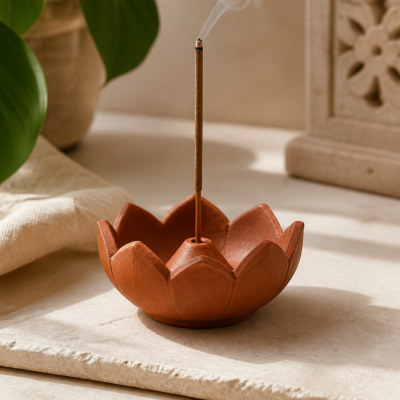 Terracotta Lotus Incense Holder - lifestyle Terracotta Lotus Incense Holder styled in a natural home setting