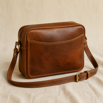 Vegetable-Tanned Leather Sling Bag - detail Close-up detail of Vegetable-Tanned Leather Sling Bag showing its vegetable-tanned leather