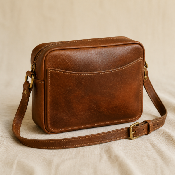 Vegetable-Tanned Leather Sling Bag - detail Close-up detail of Vegetable-Tanned Leather Sling Bag showing its vegetable-tanned leather