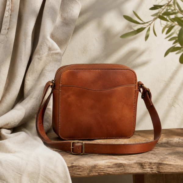 Vegetable-Tanned Leather Sling Bag - lifestyle Vegetable-Tanned Leather Sling Bag styled in a natural home setting