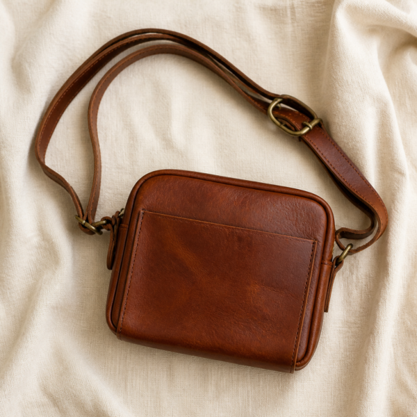Vegetable-Tanned Leather Sling Bag - overhead Overhead view of Vegetable-Tanned Leather Sling Bag