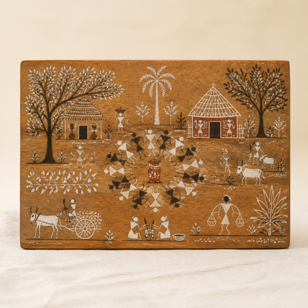 Warli-Inspired Village Scene Wooden Plaque - detail Close-up detail of Warli-Inspired Village Scene Wooden Plaque showing its wood plaque with hand-painted folk-art scene