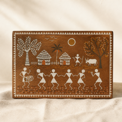 Warli-Inspired Village Scene Wooden Plaque - hero Warli-Inspired Village Scene Wooden Plaque on a warm neutral background
