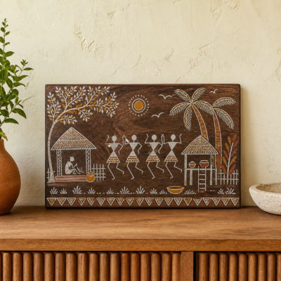 Warli-Inspired Village Scene Wooden Plaque - lifestyle Warli-Inspired Village Scene Wooden Plaque styled in a natural home setting