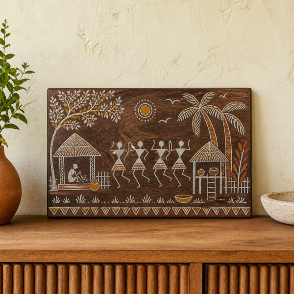 Warli-Inspired Village Scene Wooden Plaque - lifestyle Warli-Inspired Village Scene Wooden Plaque styled in a natural home setting