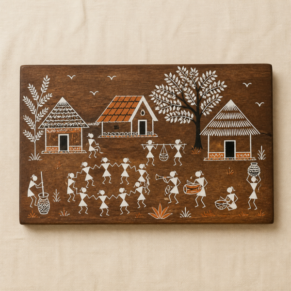 Warli-Inspired Village Scene Wooden Plaque - overhead Overhead view of Warli-Inspired Village Scene Wooden Plaque